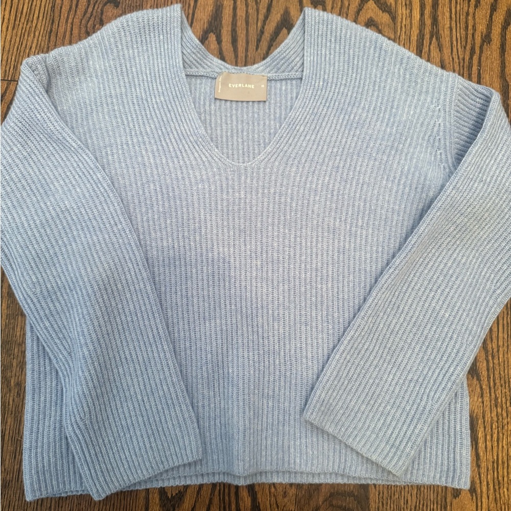 Everlane 100% Cashmere Light Heather Blue V-Neck Sweater relaxed fit